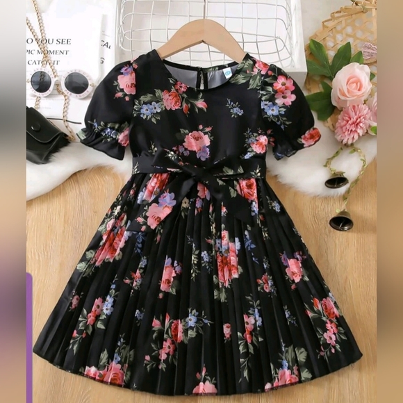 Toddler Girls Floral Print Pleated Hem Puff Sleeve Belted Dress - Picture 8 of 10